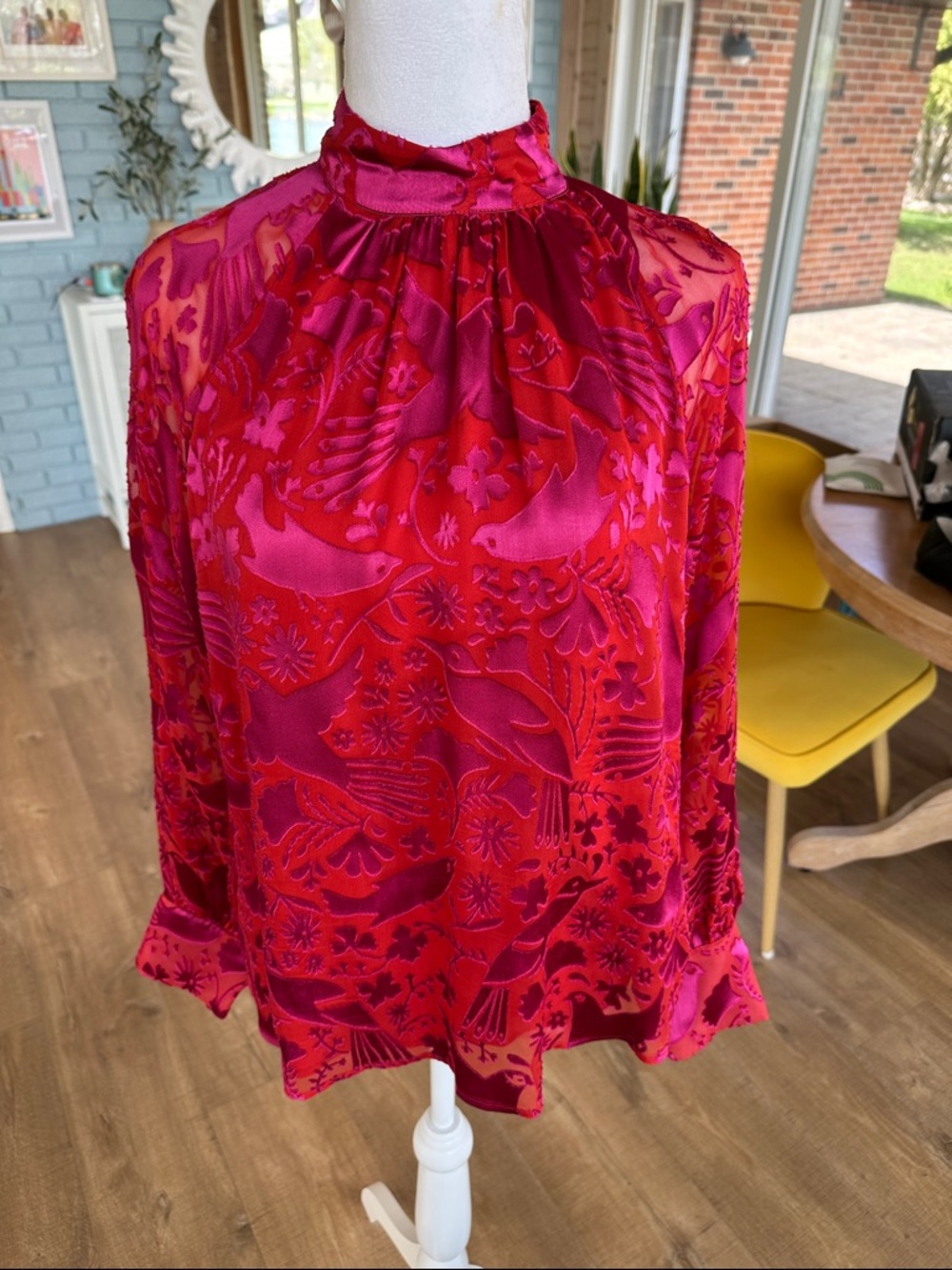 Boden Fuchsia and Red Burnout Velvet High-Neck Blouse